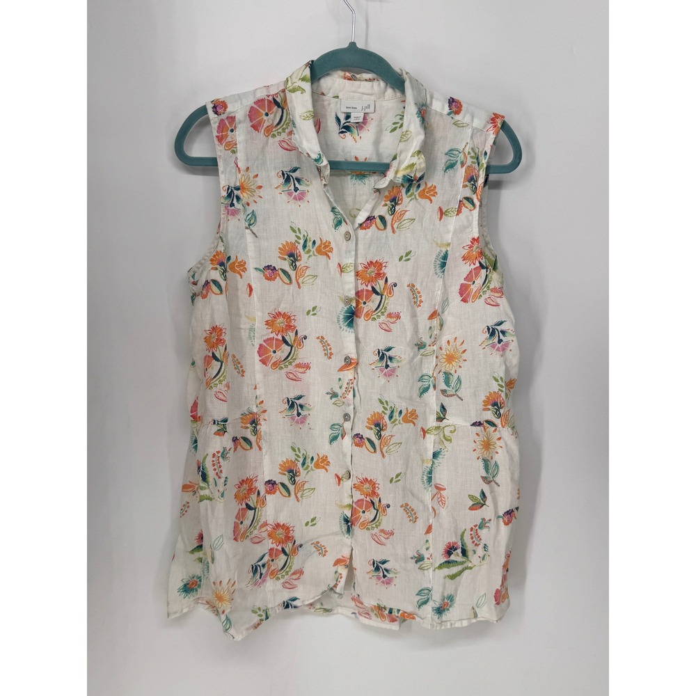 J. Jill Linen Top Women LP White Floral EUC Sleeveless Peplum Back Button Down